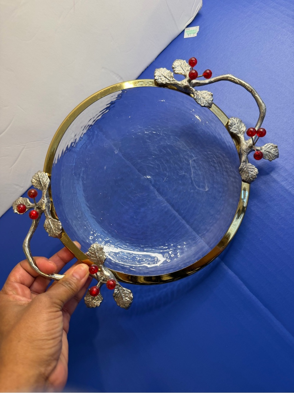 Vtg Clear Glass Dish, Sculptured, Metal Frame 
adorned With Red Berries READ - Picture 7 of 16